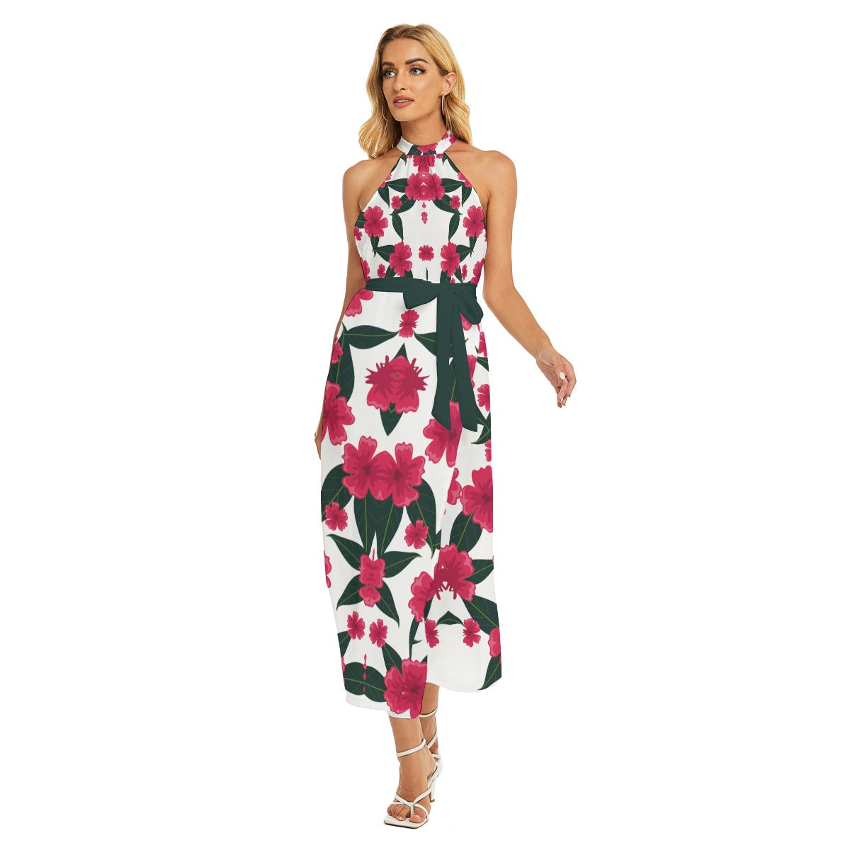 All-Over Print Women's Wrap Hem Belted Halter Dress