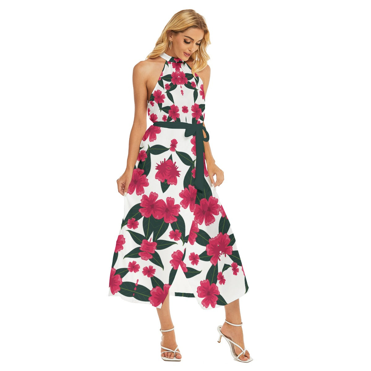 All-Over Print Women's Wrap Hem Belted Halter Dress